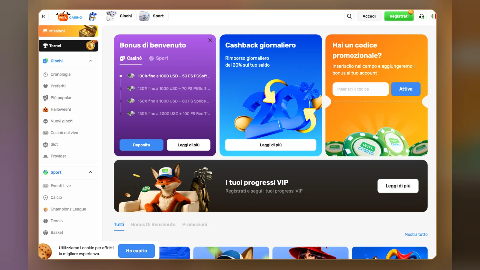 La pagina delle promozioni con il riquadro del benvenuto e il cashback, 30 ottobre 2026