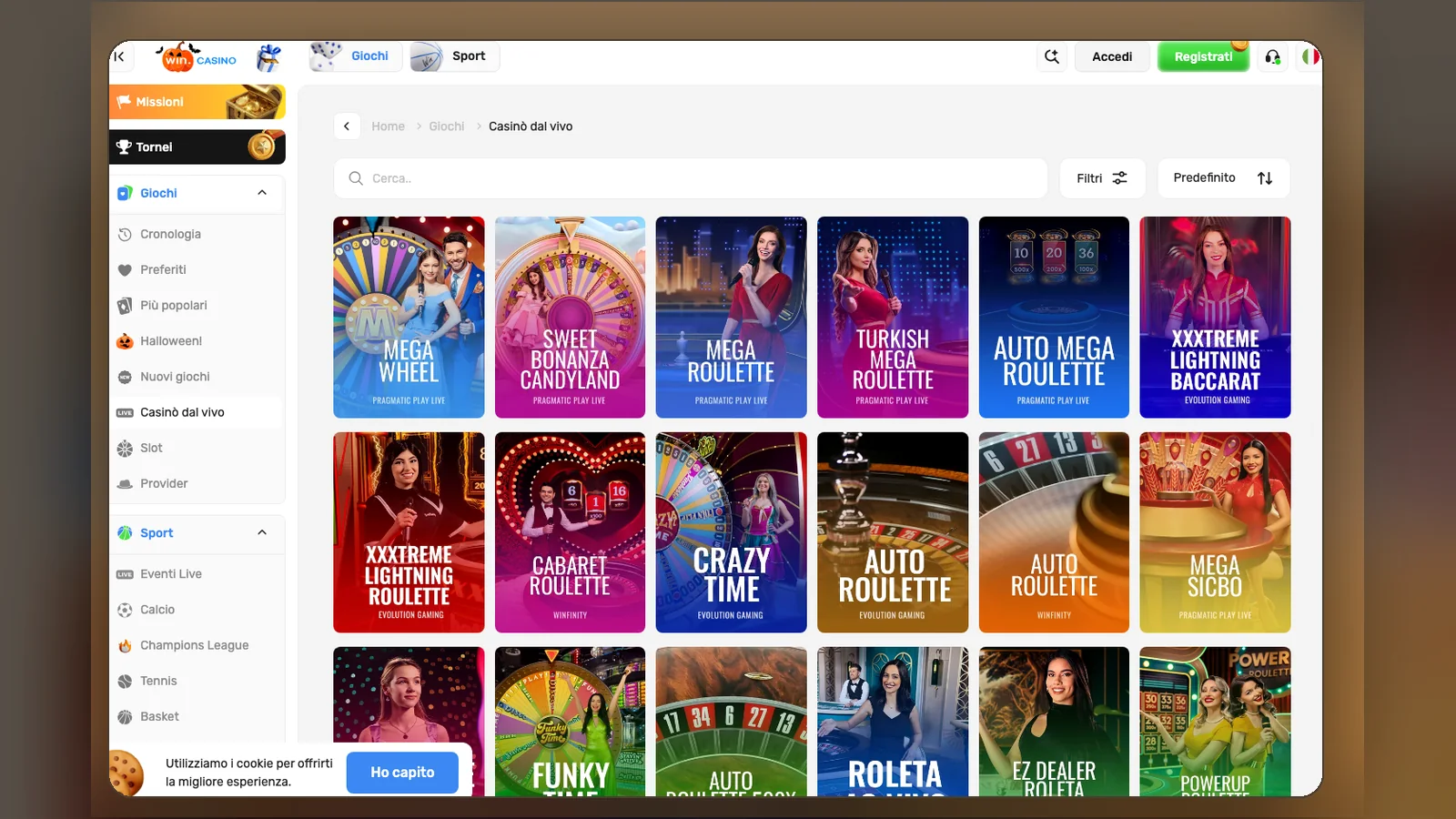 La sezione Casinò dal vivo di Win.Casino, con i tavoli divisi per provider, 30 ottobre 2026