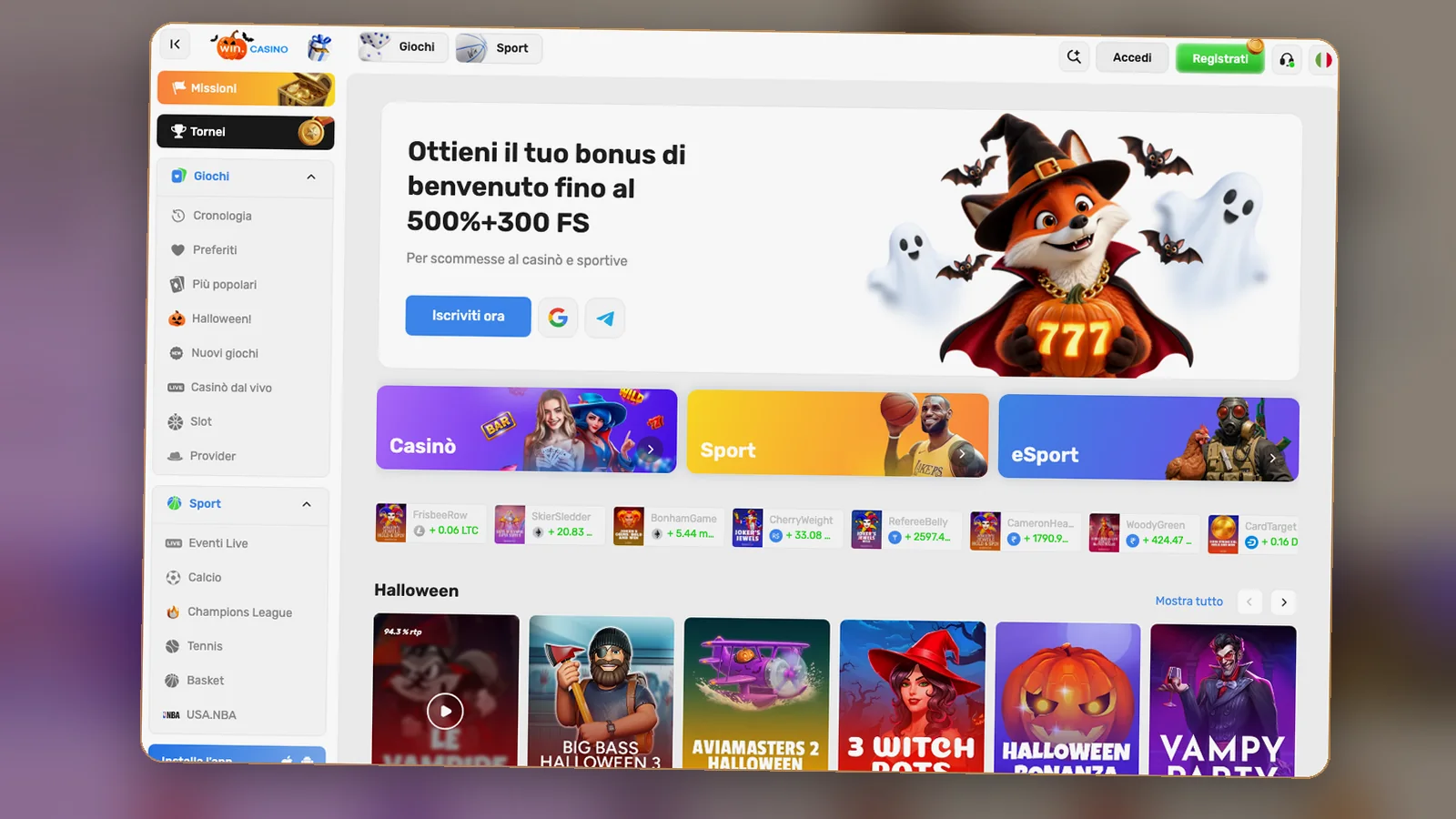 La home di Win.Casino con la cifra 500% + 300 FS e il menu laterale, 30 ottobre 2026