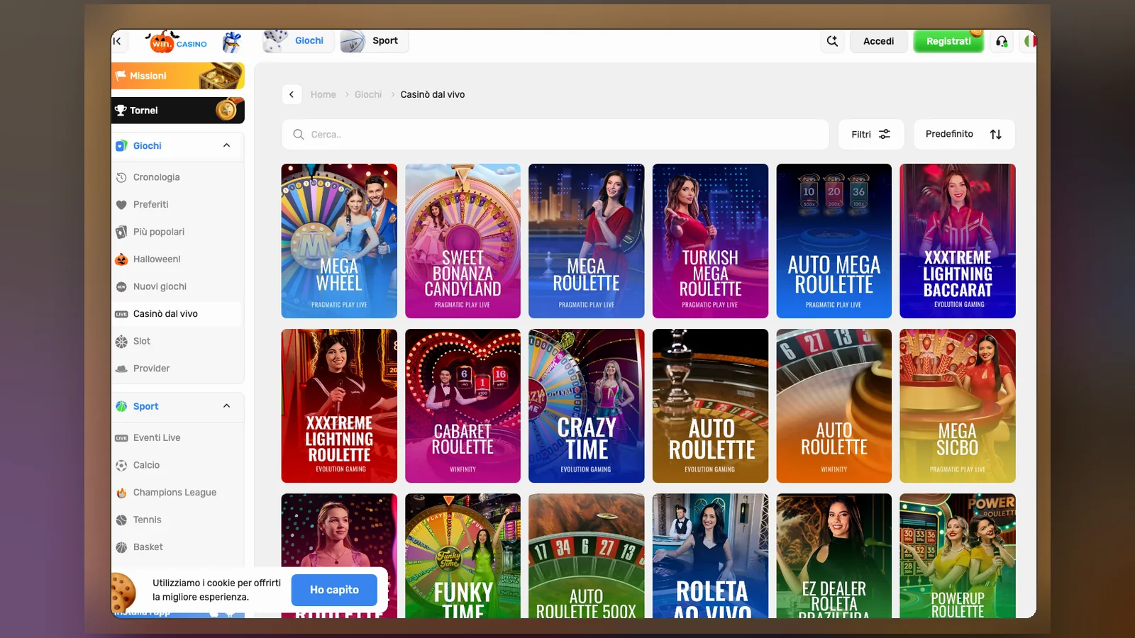 La sezione Casinò dal vivo di Win.Casino, con i tavoli divisi per provider, 30 ottobre 2026