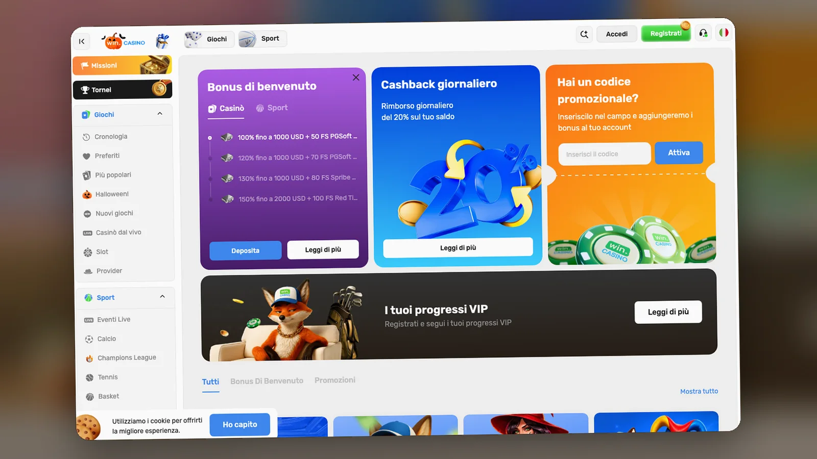 La pagina delle promozioni con il riquadro del benvenuto e il cashback, 30 ottobre 2026