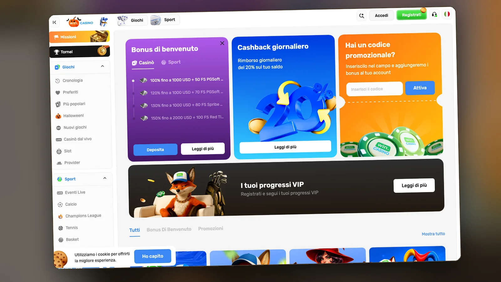 La pagina delle promozioni con il riquadro del benvenuto e il cashback, 30 ottobre 2026