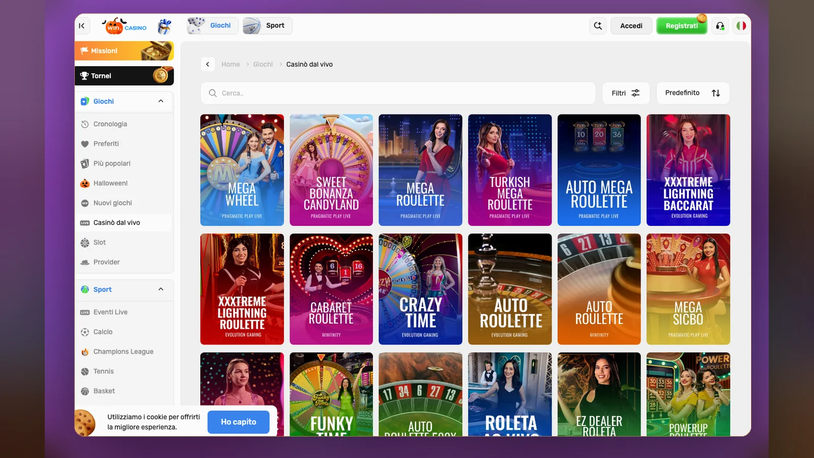 La sezione Casinò dal vivo di Win.Casino, con i tavoli divisi per provider, 30 ottobre 2026